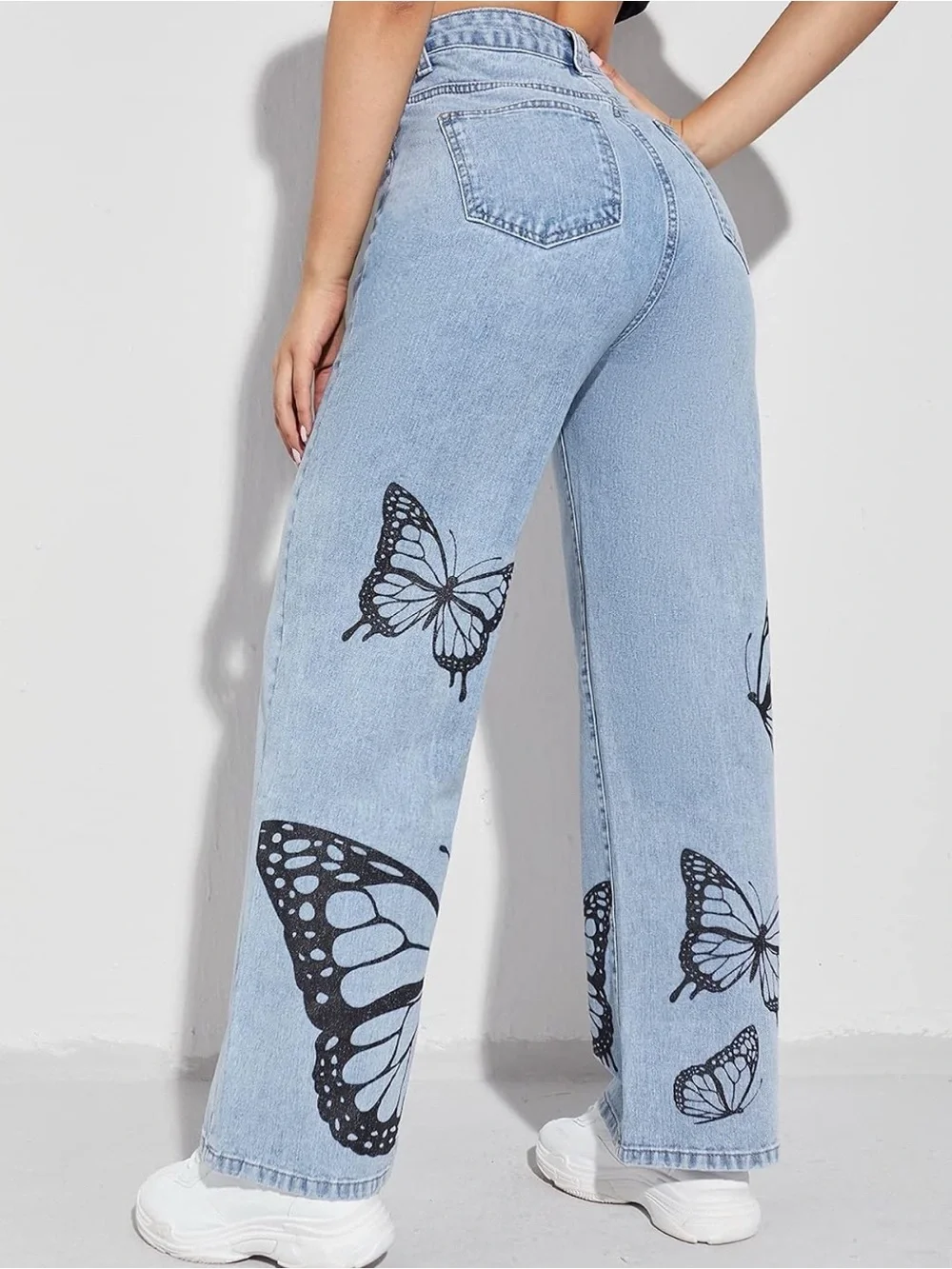 Butterfly Print Light Wash Wide Leg Jeans - Unbranded